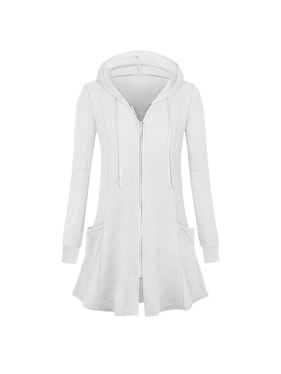 Womens Longline Hoodies Zip Up Tunic Jacket Lightweight Slim Fit Hooded Sweatshirt Drawstring Long Sleeve Plain Sweat Jacket Comfy Work Casual Coats with Large Pockets