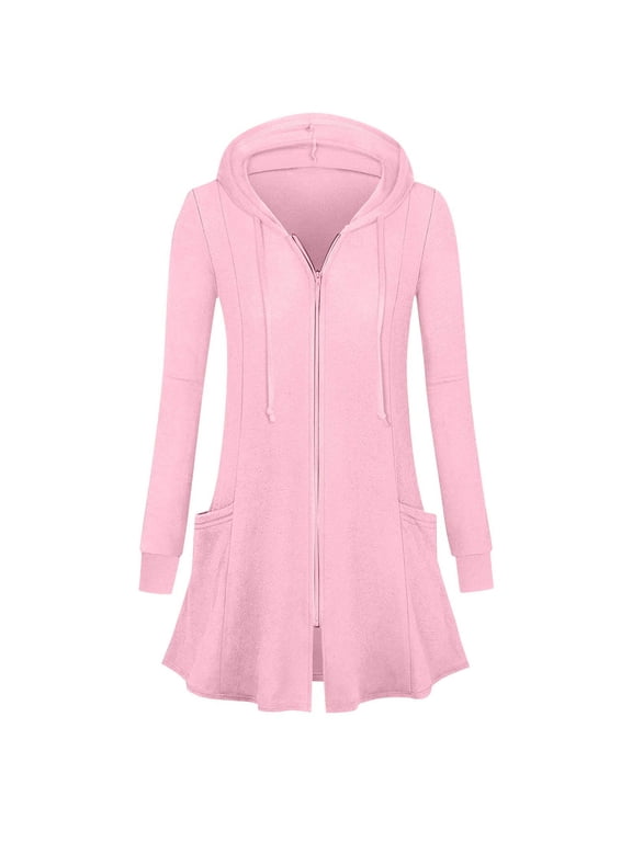 Womens Longline Hoodies Zip Up Tunic Jacket Lightweight Slim Fit Hooded Sweatshirt Drawstring Long Sleeve Plain Sweat Jacket Comfy Work Casual Coats with Large Pockets