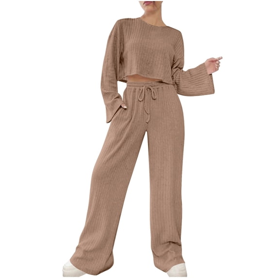 zfwon Womens Lounge Wear Sets 2 Piece Outfits Crew Neck Long Sleeve Crop Tops and Wide Leg Trousers Co Ord Sets Lightweight Soft Matching Set Loungewear Casual Loose Pjs Set