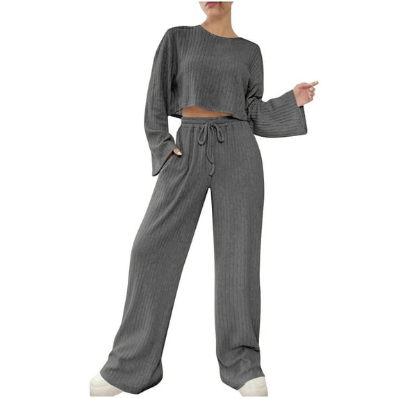 zfwon Womens Lounge Wear Sets 2 Piece Outfits Crew Neck Long Sleeve Crop Tops and Wide Leg Trousers Co Ord Sets Lightweight Soft Matching Set Loungewear Casual Loose Pjs Set
