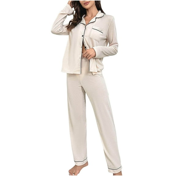 zfwon Womens Pajamas Set 2 Piece Loungewear Sets Long Sleeve Button Down Notch Collar Shirts & Loose Fit Lounge Pants Casual Nightwear Sleepwear Set with Pockets Comfort Fit