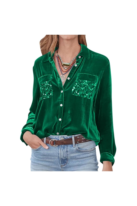 Womens Sequin Velvet Tops Ladies Button Down Shirts Elegant Long Sleeve Turndown Collar Blouses Lightweight Plain Color Velour Blouses Sparkly Party Disco Concert Tops