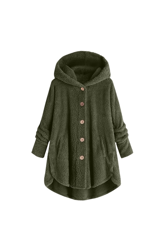 Womens Soft Teddy Fleece Hooded Jumper Hoodie Jacket Plus Size Button Front Plush Jacket Long Sleeve Hooded Casual Coat Solid Color Autumn Winter Warm Cozy Outerwear with Pockets