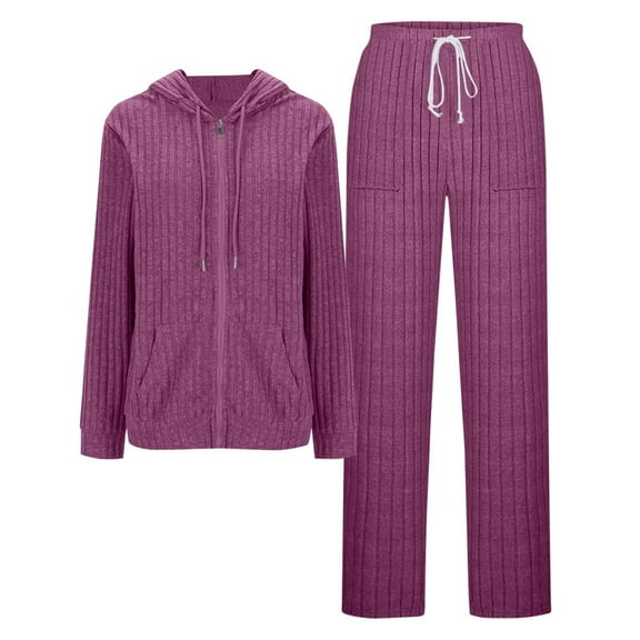 zfwon Womens Tracksuit Set 2 Piece Outfits Lightweight Soft Knitwear Women's Zip Front Hooded Jacket and Drawstring Trousers Set with Pockets Loose Fit Casual Sportswear Outfit