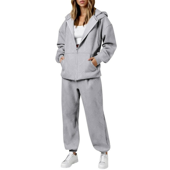 zfwon Womens Tracksuit Set 2 Piece Outfits Oversized Sweatsuit Sets Textured Long Sleeve Full Zip Jacket & Wide Leg Trousers Matching Set Casual Loose Solid Colour Co Ord Sets