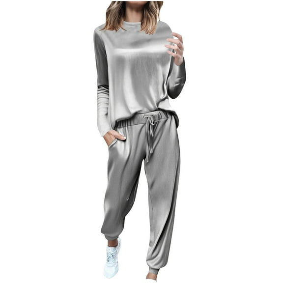 zfwon Womens Velour Tracksuits Set 2 Piece Sweatsuit Outfits Women's Long Sleeve Round Neck Velvet Tops and Jogging Pants Casual Comfy Loungewear with Pockets Autumn Winter Wear