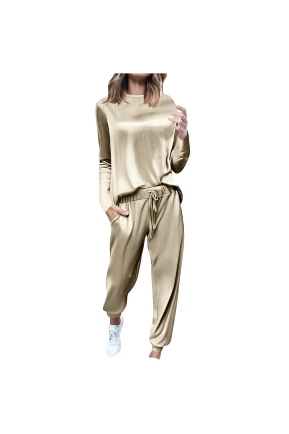 Womens Velour Tracksuits Set 2 Piece Sweatsuit Outfits Women's Long Sleeve Round Neck Velvet Tops and Jogging Pants Casual Comfy Loungewear with Pockets Autumn Winter Wear