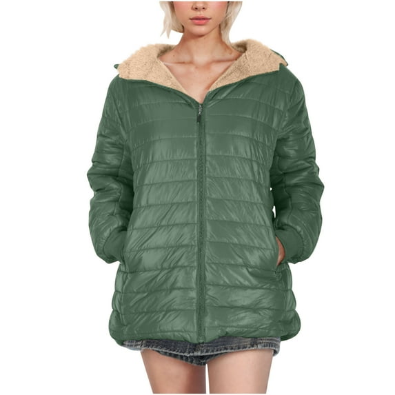 zfwon Womens Winter Coats Thermal Quilted Jackets Teddy Fleece Lined Shearling Hooded Jacket Plush Collar Zip Up Casual Puffer Coat Long Sleeve Autumn Winter Warm Outerwear with Pockets