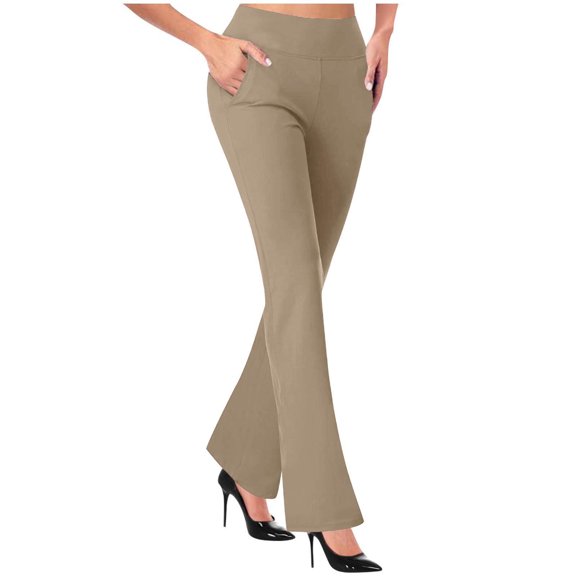zfwon Work Trousers Women Flared Trousers Suits Pants for Women Workout Yoga Pants With Pockets Stretch Solid Plain Leisure Trousers High Waist Casual Business Office Dressy Trousers
