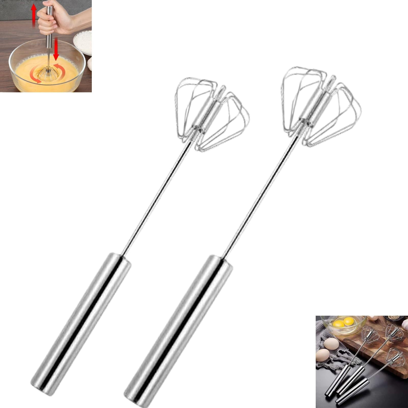 Halbautomatischer Schneebesen Edelstahl - 2-teiliges Set 10+12 Zoll Für Einfaches Mixen & Schlagen