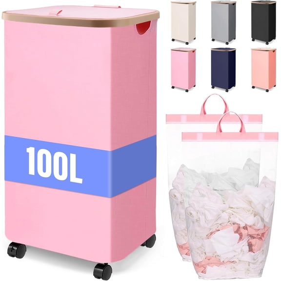 zhanyu-100L Laundry Basket With Wheels,Rolling Dirty Clothes Hamper With Lid,Large Collapsible Laundry Cart in Laundry Room Bedroom Bathroom College Dorm for Adults,Pink