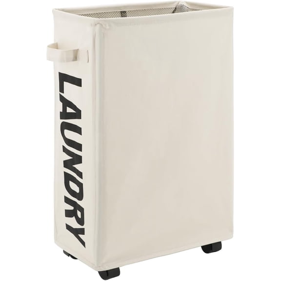 zhanyu-25" Slim Rolling Laundry basket on Wheels, 50L Collapsible Narrow Corner Laundry Hamper, Foldable Storage Bins, Beige