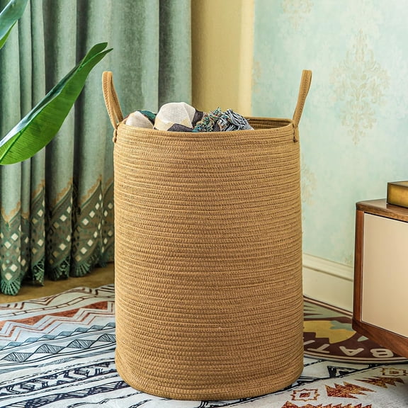 zhanyu-85L Oversize Woven Laundry Basket with Handles,Collapsible Cotton Rope Laundry Hamper,Wicker Clothes Hamper Laundry Bin Storage Basket for Blanket Brown