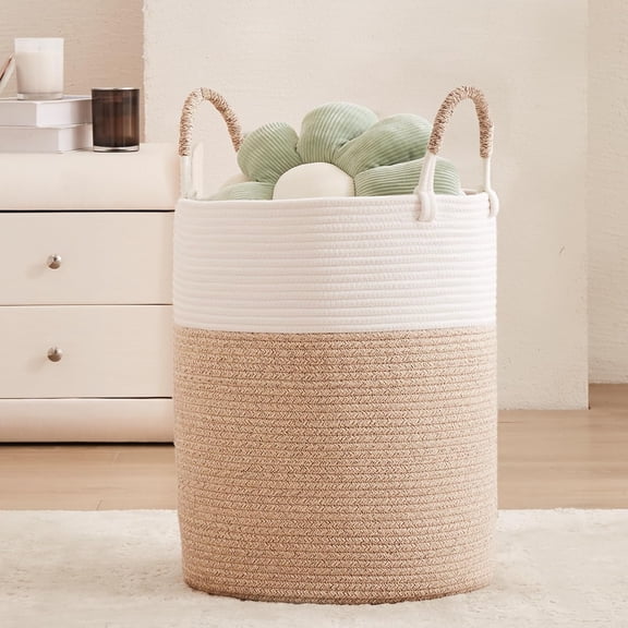 zhanyu-Boho Woven Rope Hamper Laundry Basket for Clothes Baby Nursery Hamper Bin Rope Blanket Basket for Living Room Bedroom Large brown
