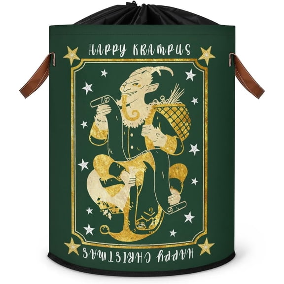 zhanyu-Large Laundry Hamper Basket with Lid, Happy Krampus Green Round Collapsible Storage Organizer Bin for Kids Room, Boys, Nursery, Closet, Bedroom, Playroom, Toys, Dirty Clothes, 16"W x 20"H