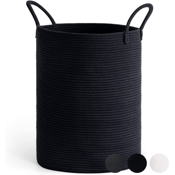 zhanyu-Laundry Basket, Black Woven Rope Basket Tall Modern Laundry Hamper for Clothes, Blankets, Toys, Towels, Pillows, Laundry Bin for Living Room, Bedroom, Entryway, 15 x 20 inches, 58L