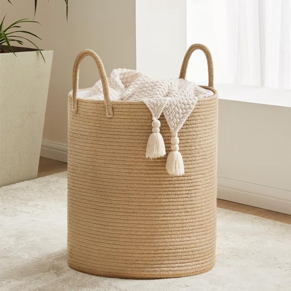zhanyu-Laundry Hamper Basket with Linen Lid, Woven Tall 58L Laundry Basket for Blanket Organizer- Nursery Hamper for Bedroom Storage
