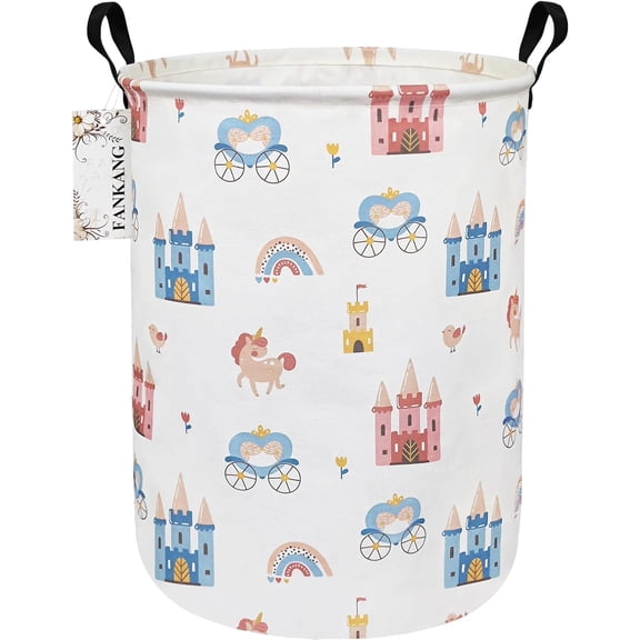 zhanyu-Storage Basket, Nursery Hamper Canvas Laundry Basket Foldable with Waterproof PE Coating Large Storage Baskets for Kids Boys and Girls, Office, Bedroom, Clothes,Toys(castle carriage)
