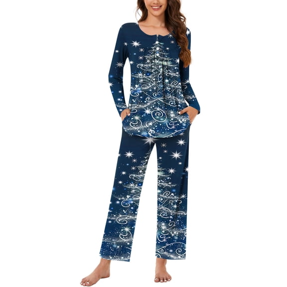 Sevevn Lounge Sets for Women Women Fashionable and Casual Loose Printed Round Neck Button Up Long Sleeved Pants Pajama Set Deal for Days