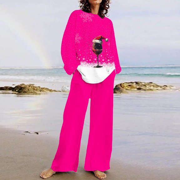 Sevevn Lounge Sets for Women Women's Casual Christmas Printed Long Sleeved Round Neck Top With Pants Set Great Gifts for Less