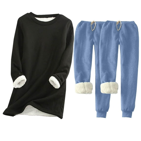 Sevevn Lounge Sets for Women Women's Solid Round Neck With Thickened Insulation Long Sleeved 1 Top and Pocket Thickened 2 Pants Set Gift for Adults