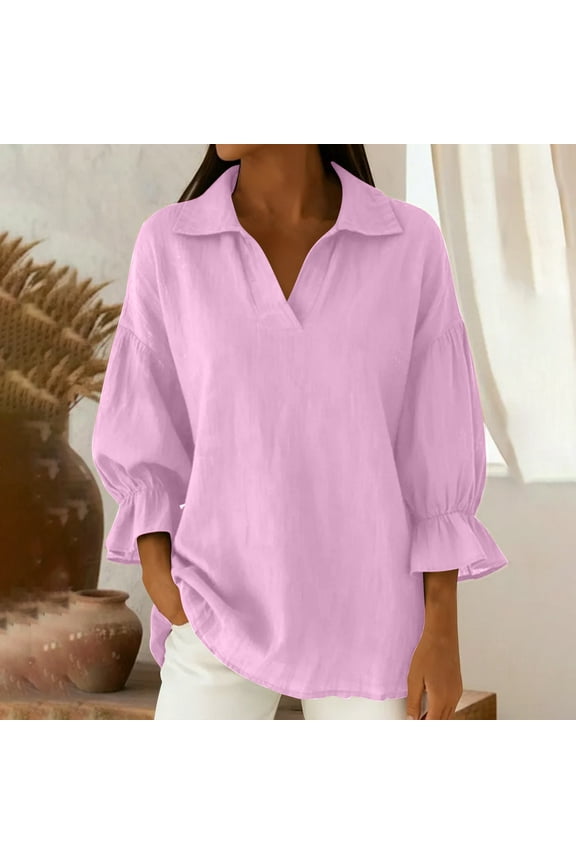 zhi Ladies' Fashionable Casual 3/4 Sleeve Solid Color Shoulder Down Lapel Top鈥擯ink路XXL