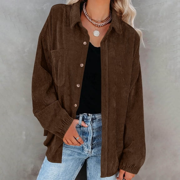 zhi Women's Fashion Solid Color Long Sleeve Lapel Top Loose Casual Cardigan Top Coat—Brown·S