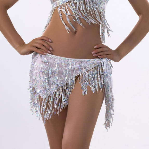 zhi Women's Sequin Fringe Belly Dance Skirt - Party & Dance Occasions,White,Free Size