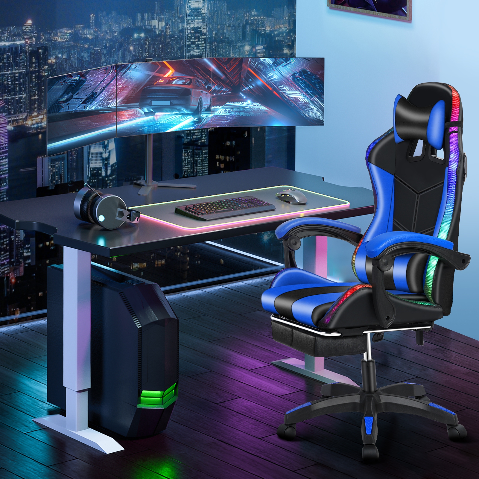 zhikuangxia Gaming Chair with Footrest and RGB LED Lights,3 in 1