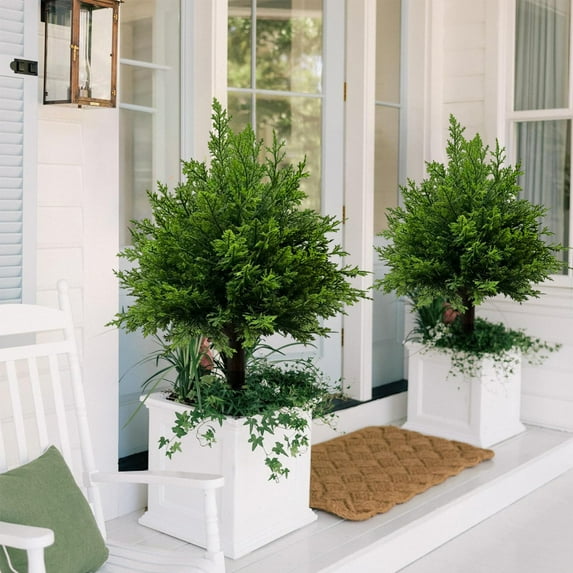 zhmrfg Artificial Cedar Topiary Trees for Outdoors, Realistic Faux Shrubs with Ground Spike for Garden, Front Porch, Patio, Low Maintenance Outdoor Decoration for Year-Round Ambiance