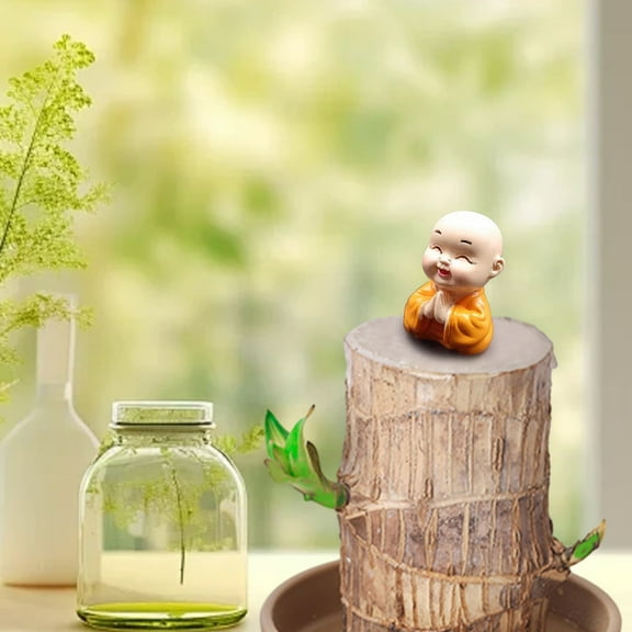 zhmrfg Basimu Funny Little Monk Car Office Desktop Flower Pot Ornament, Mini Resin Figurine with Green Leaves, Zen Decor for Home, Garden, and Office, Perfect for Relaxing Spaces and Gift Ideas