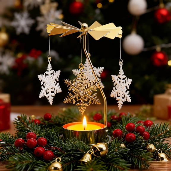 zhmrfg Christmas Rotating Candlestick Golden Snowflake Tree Ornament – Desktop Decoration for Christmas Table, Creates a Magical Holiday Ambiance with Spinning Blades and Warm Candlelight