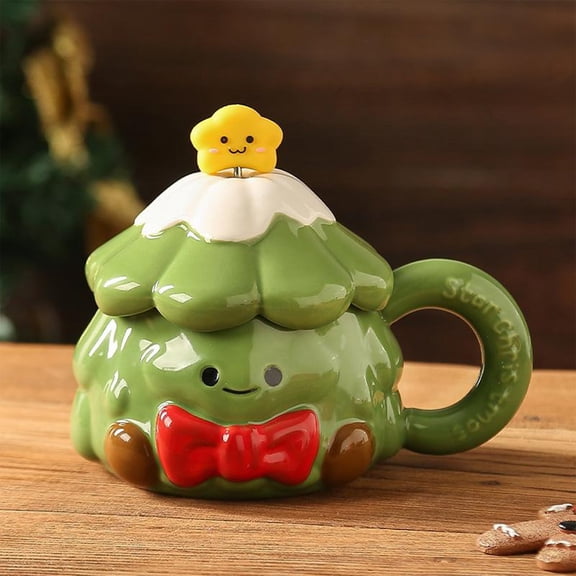 zhmrfg Christmas Tree Ceramic Coffee Mug with Lid and Stir Stick 420ml Large Capacity Holiday Cup for Hot Cocoa Coffee Tea, Festive Xmas Kitchen Tableware for Home Office Gift Giving