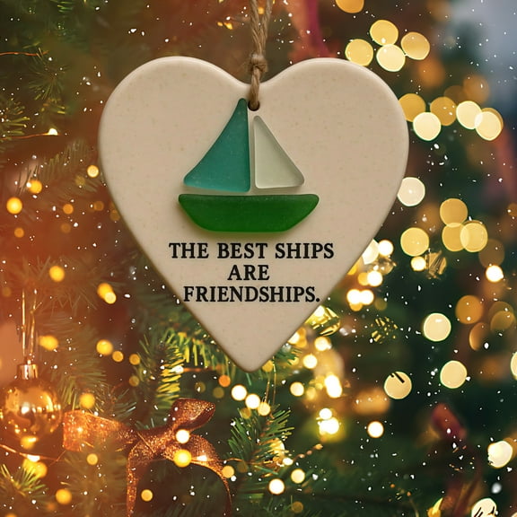 zhmrfg Heart-Shaped Sea Glass Memorial Ornament 3.15"x3.15" Friendship Sailboat Keepsake Hanging Christmas Decoration Inspirational Quote for Friends Family Loved Ones Holiday Gift
