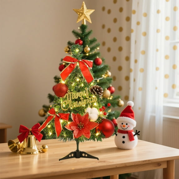 zhmrfg Mini Christmas Tree 18" Tabletop Artificial Tree With LED Lights Decorated Ornaments Holiday Home Decorations For Office Dorm Fireplace Table Christmas Celebration Gift