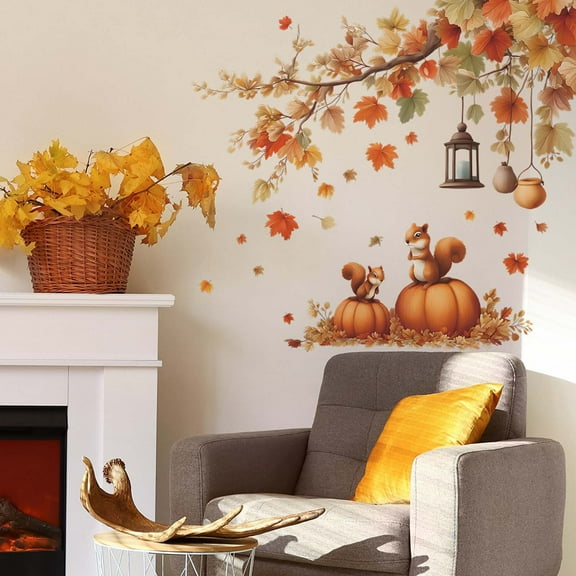zhmrfg Painting Fallen Leaves Pumpkins and Squirrels Wall Stickers, Removable Vinyl Wall Decals for Living Room and Restaurant, Autumn Themed Home Decor for Seasonal Decoration