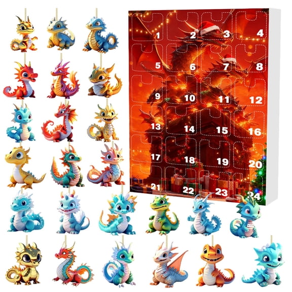 zhonghuayin 24 Day Countdown Calendar Set With Assorted Prehistoric Reptile Shaped Hanging Trinkets, Sequential Opening Design Themed Assembly Kit For Seasonal Indoor Tabletop & Mantel Arrangement