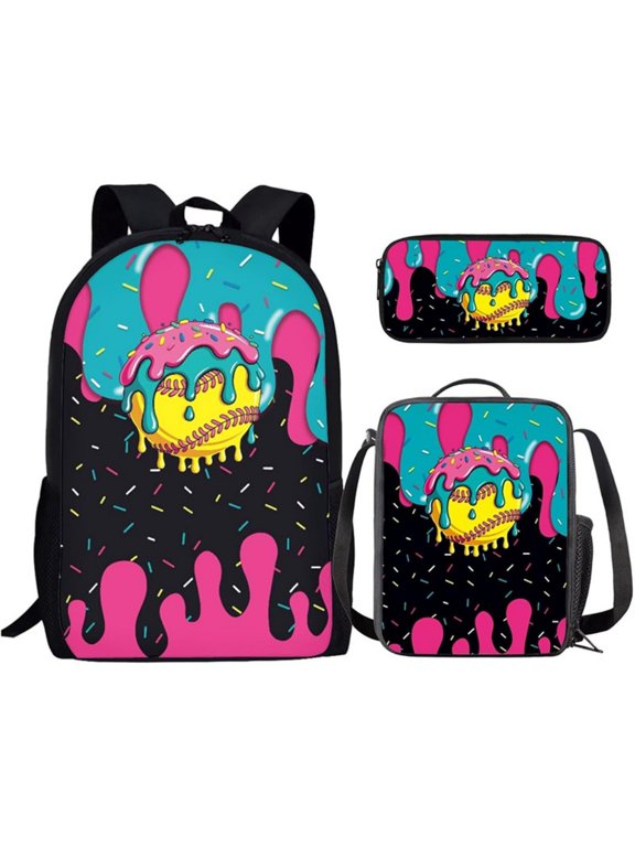 zhonghuayin Back To School Bookbags For Girls Boys,Back To School Gifts Three Item Bookbag Set Dripping Art Baseball Print Daypack With Lunch Bag Pen Pouch Well Made Travel School Bag