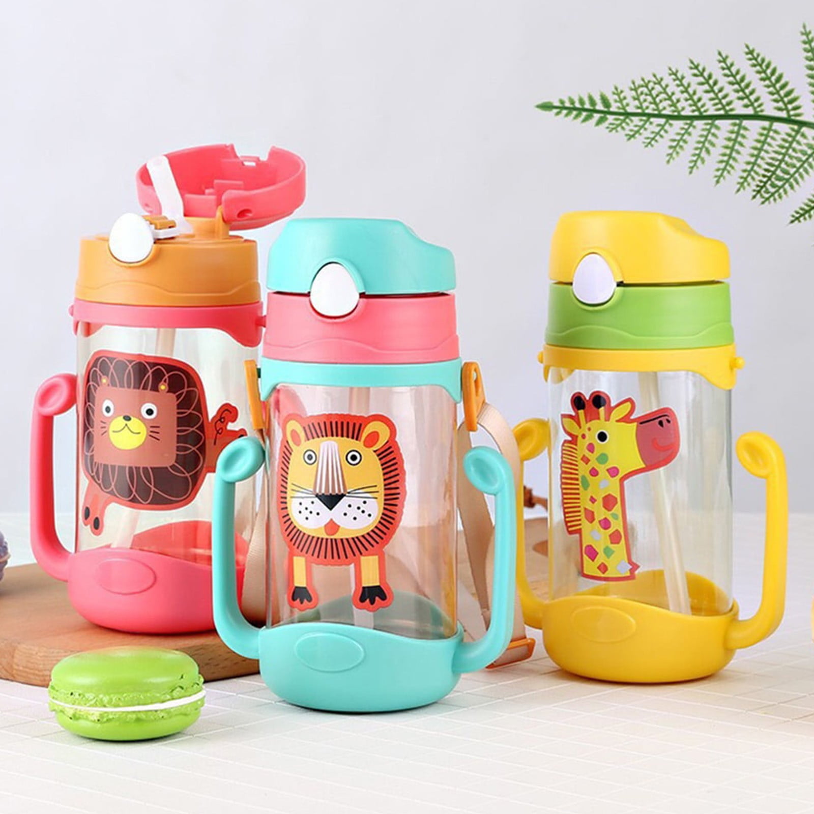 zhonghuaying 1 Pack Cartoon Furry Face Print Water Bottle with Handles, Flip-Top Straw Sippy Cup for Daily Hydration