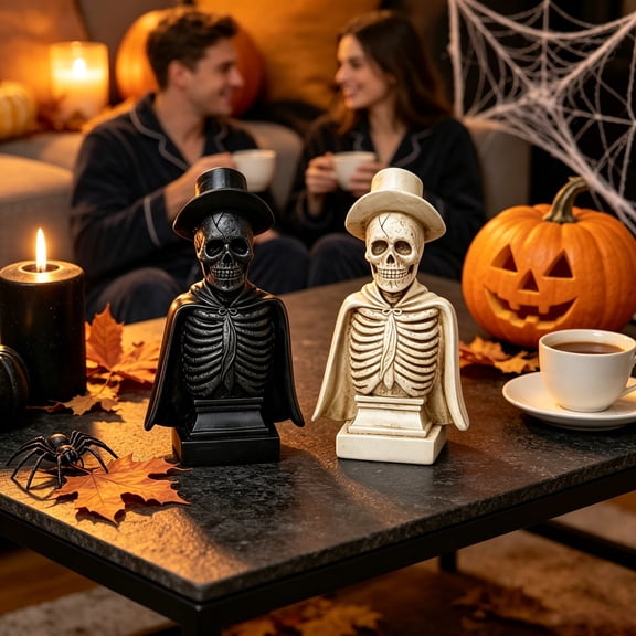 zhonghuaying 1 Pack Halloween Desktop Bust Sculpture Ornament, Top Hat Cloak Torso Outline Statue With Textured Facial Carving & Rib Frame Detail For Gothic Household Countertop Holiday Space Tuning