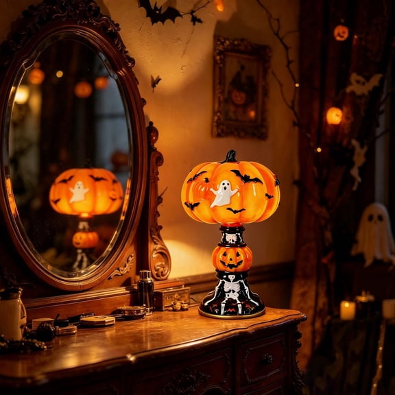zhonghuaying 1 Pack Halloween Stained Glass Style Table Lamp Skeleton Shaped Base Patterned Dome Shade Indoor Seasonal Illuminated Setting Accessory C