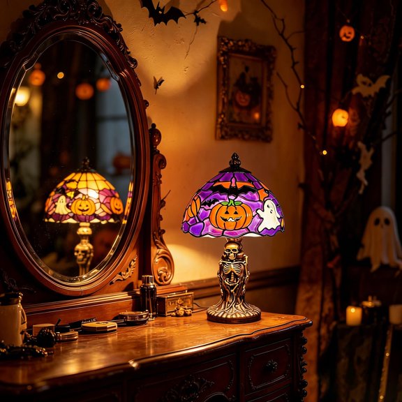 zhonghuaying 1 Pack Halloween Stained Glass Style Table Lamp Skeleton Shaped Base Patterned Dome Shade Indoor Seasonal Illuminated Setting Accessory A