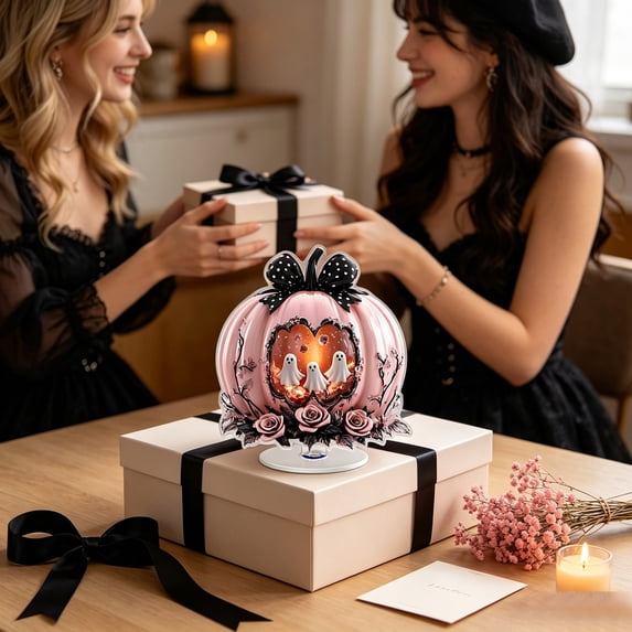 zhonghuaying 1 Pack Pink Halloween Pumpkin Rotating Ornament with Built-in Light, 6 Styles Hollow Ghost Floral Tabletop Centerpiece for Holiday Home Decor D
