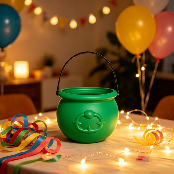 zhonghuaying 1 pack Halloween Witch Cauldron Bucket 19.5cm Embossed Pattern Front Mark Metal Carry Handle Rounded Pot Shape Holiday Scene Arrangement Sundries Storage Holder Green