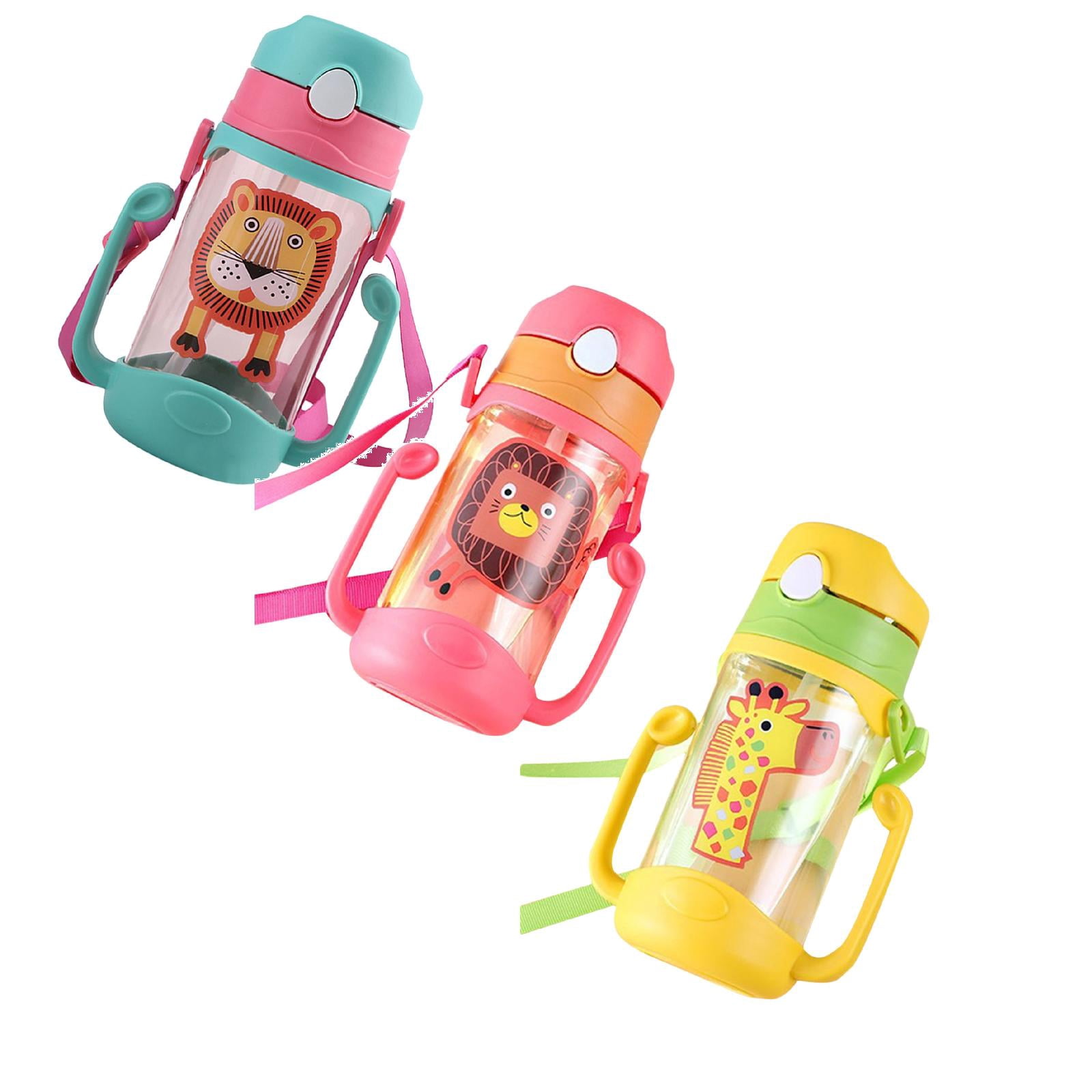 zhonghuaying 3 Pack Colorful Jungle-Themed Water Bottle with Handles, Portable Flip Lid Sippy Cup with Playful Prints