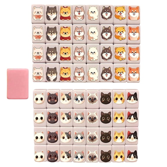 zhonghuaying 64-Pc Animal Themed Mahjong Tile Set: 24mm Mini Pet Pattern Matching Game for Parties & Travel - Portable Social Game for Teens & Adults