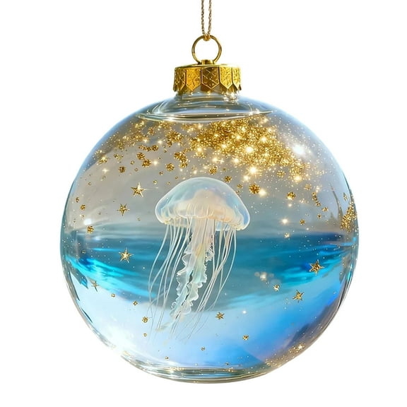 zhonghuaying Clear Globe Hanging Bauble, Aquatic Creature Inlaid Transparent Globe Ornament with Golden Glitter Fill, Assorted Marine Pattern Indoor Window & Space Suspended Decoration