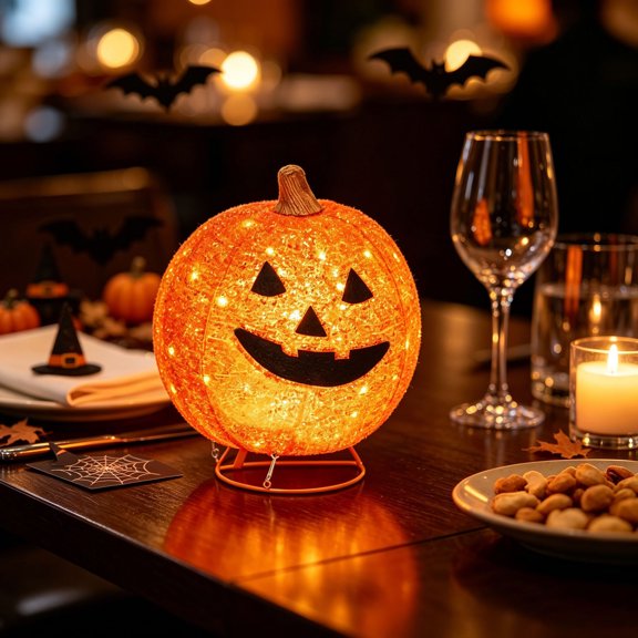 zhonghuaying Halloween Glitter Woven Round Gourd Shaped Lighting Ornament, Facial Cut Pattern Illuminated Sphere With Bendable Metal Support Frame For Yard Entryway Ground Display Light
