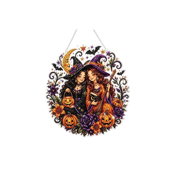 zhonghuaying Halloween Round Hanging Plaque With Two Character Print Floral Curved Moon Bat Pumpkin Border Pattern Front Door Entry Wall Mount Sign For Autumn Season Home Layout