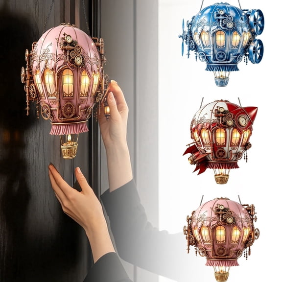 zhonghuaying Hot Air Balloon Hanging Ornament, 2D Flat Wall Art, Industrial Balloon Wall Piece with Light-Up Window Motifs A